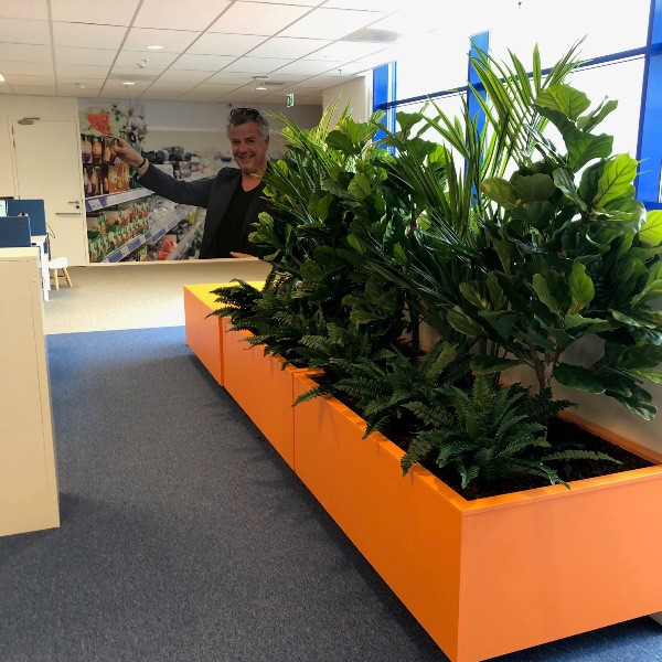 Interieurbeplanting in Emmeloord in oranje plantenbakken kantoor 